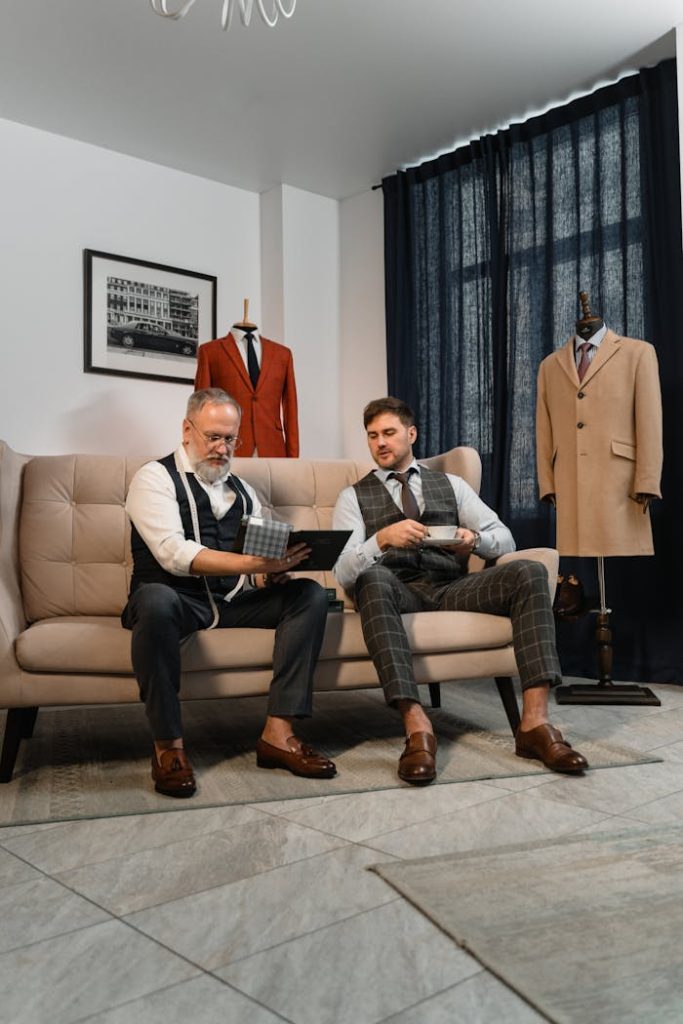 Professional tailor and client discussing bespoke suit designs in elegant workshop.